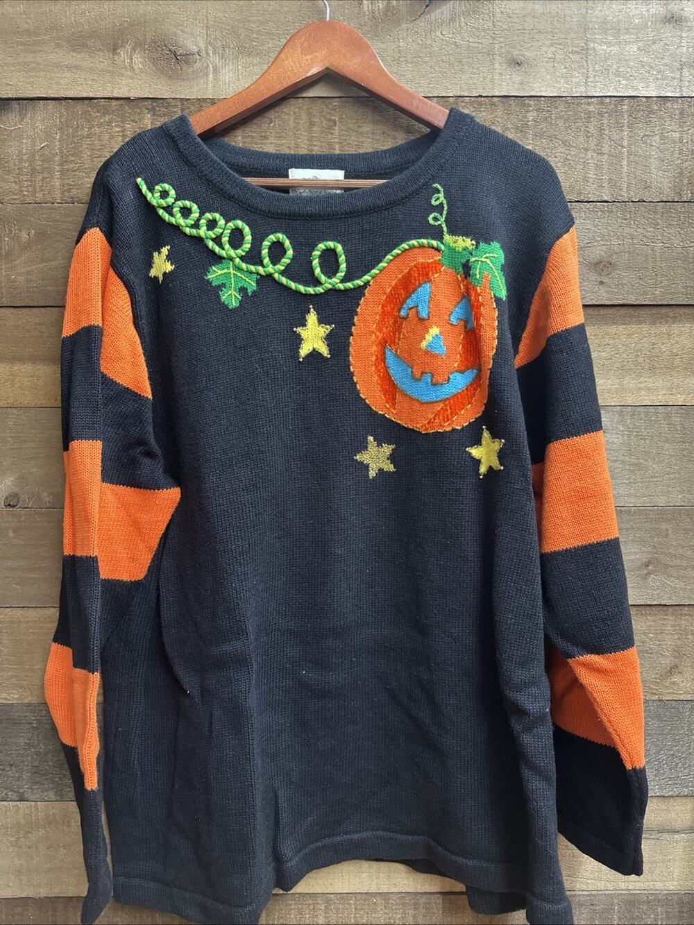 VTG Quacker Factory Embellished Halloween Sweater Pumpkin Stripe 1X